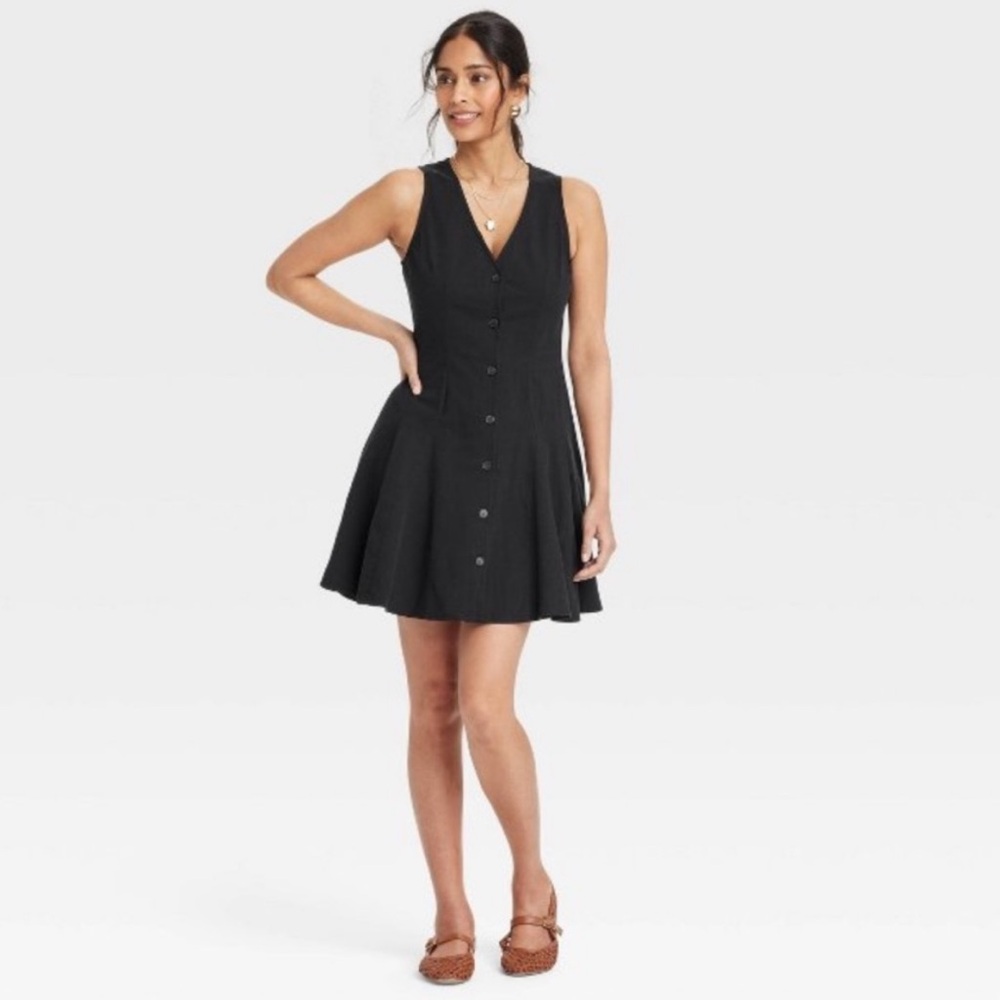Universal Thread Women's Button-Front Godet Mini A-Line Dress Black Size Small